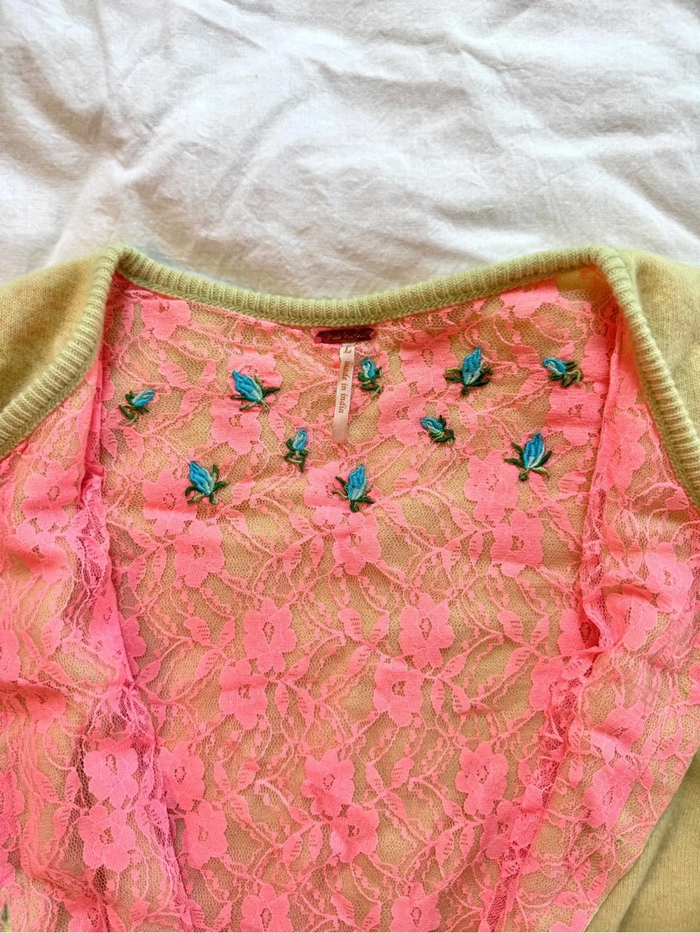 Free People Pale Lime Green Wool and Hot Pink Lace Lined Button-Up Cardigan
